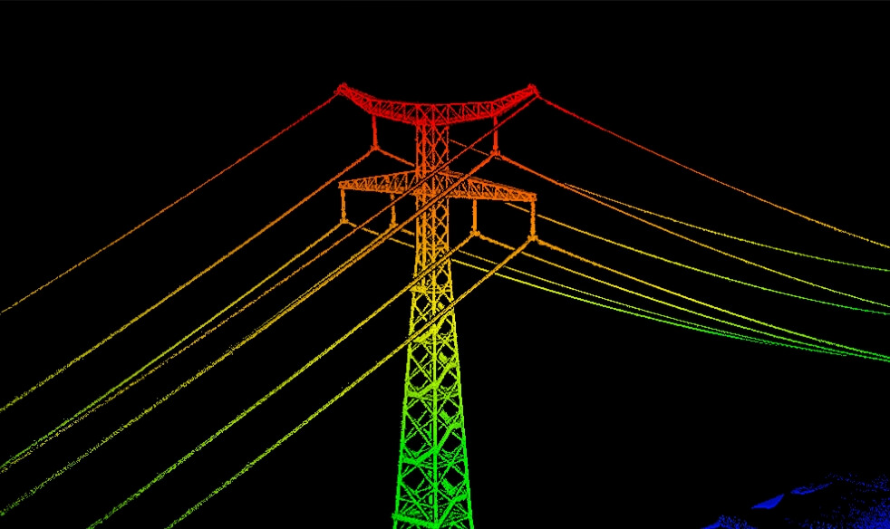 DJI promotional L3 point-cloud illustration of an electricity transmission tower and conductors