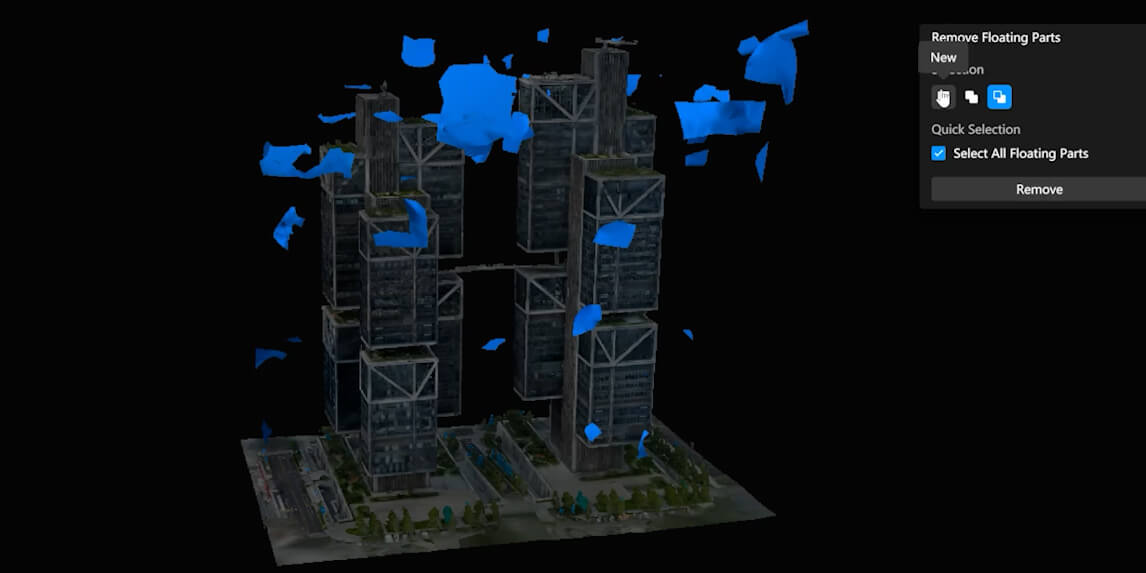 DJI Modify manufacturer demonstration showing blue-selected floating fragments around a reconstructed building