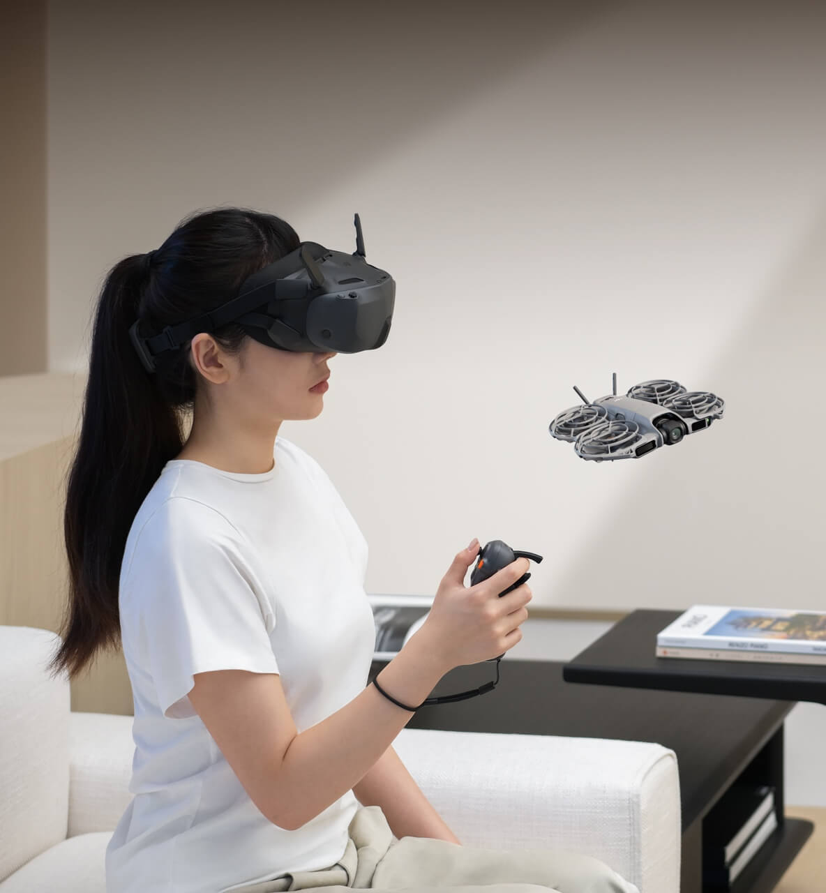 Image of woman using Neo 2 indoors with FPV accessories