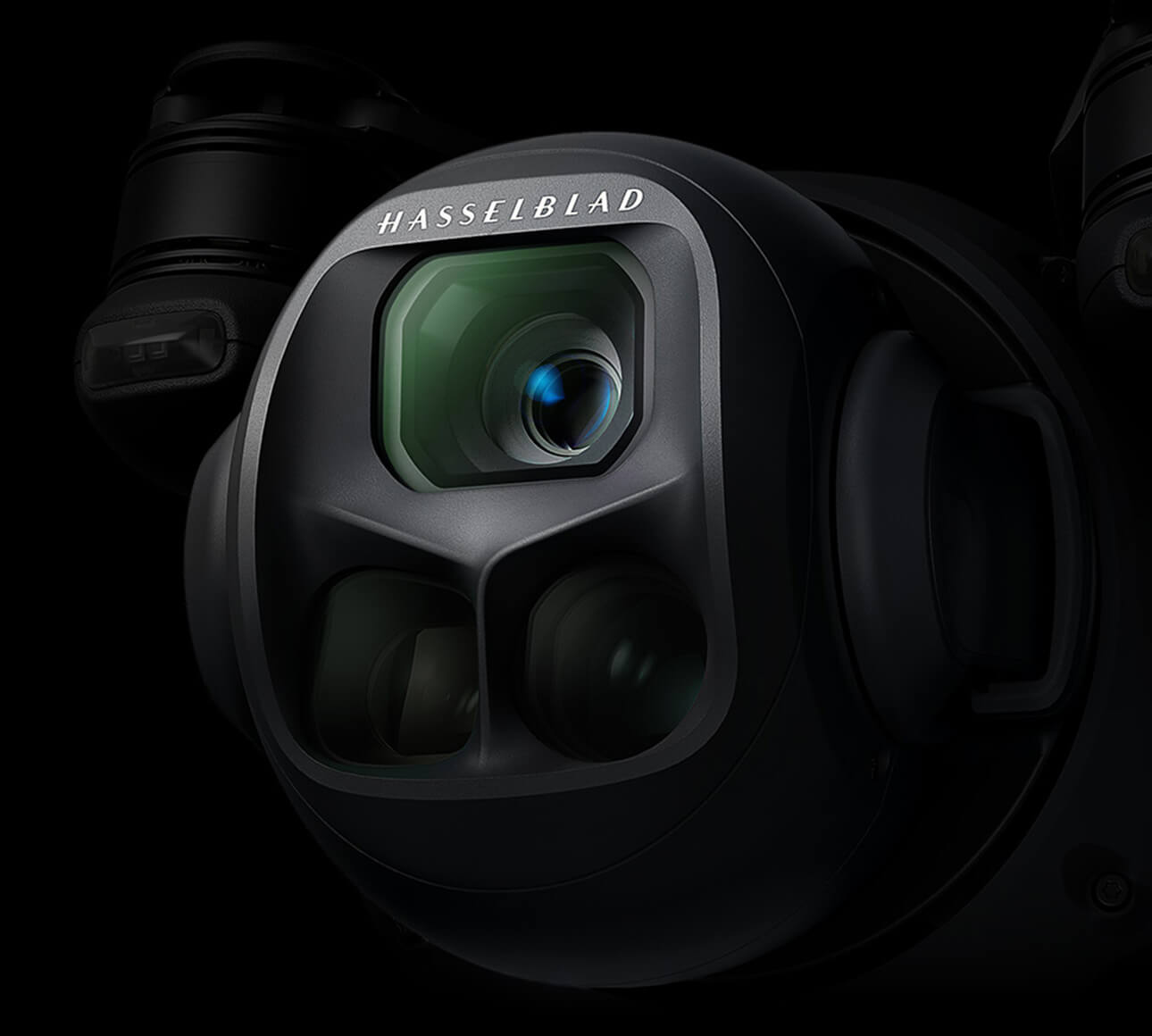 Official DJI Mavic 4 Pro close-up showing its Hasselblad main camera and two tele cameras