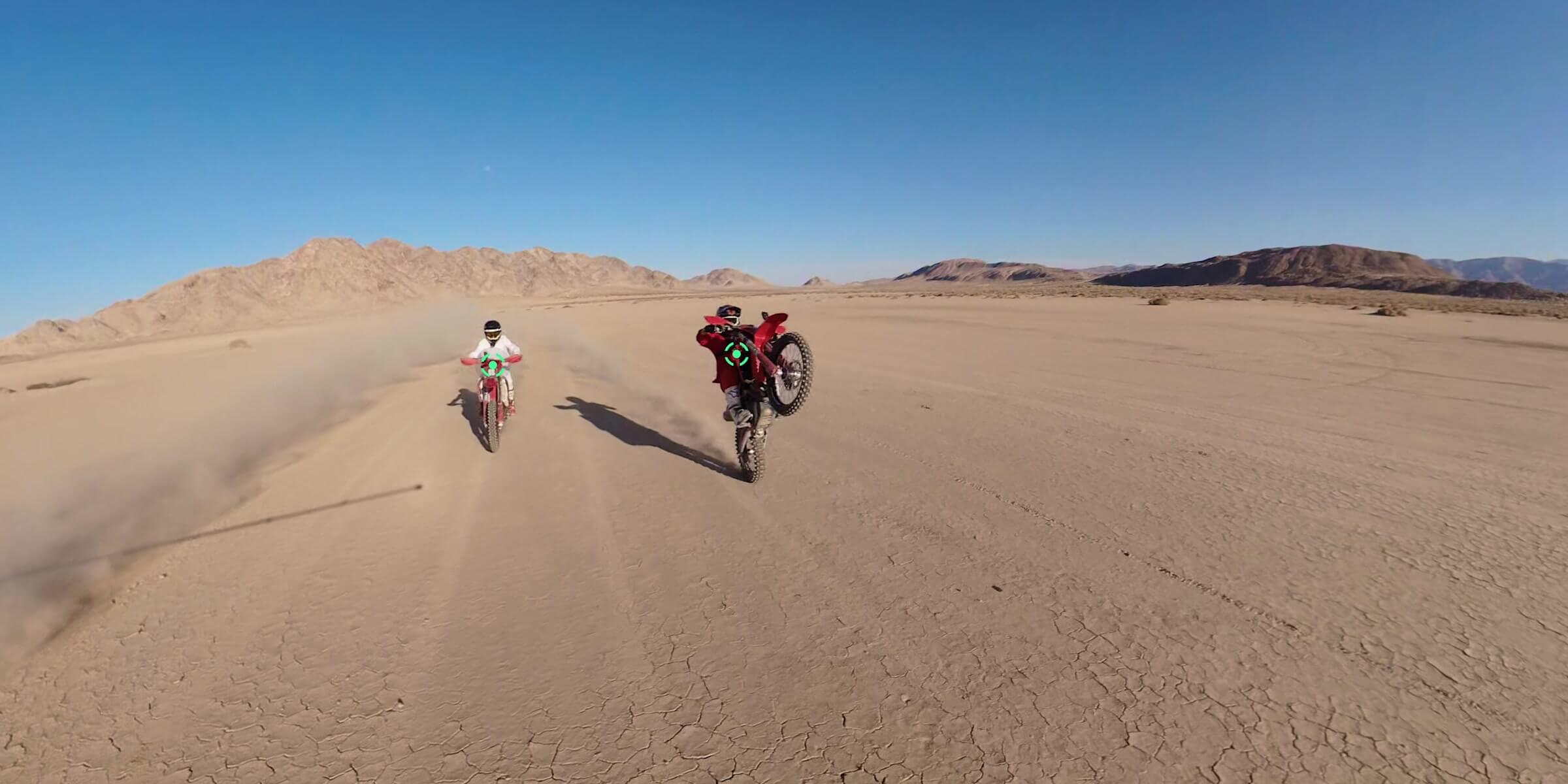 Motocross riders in an elevated reframed DJI Osmo 360 II action shot