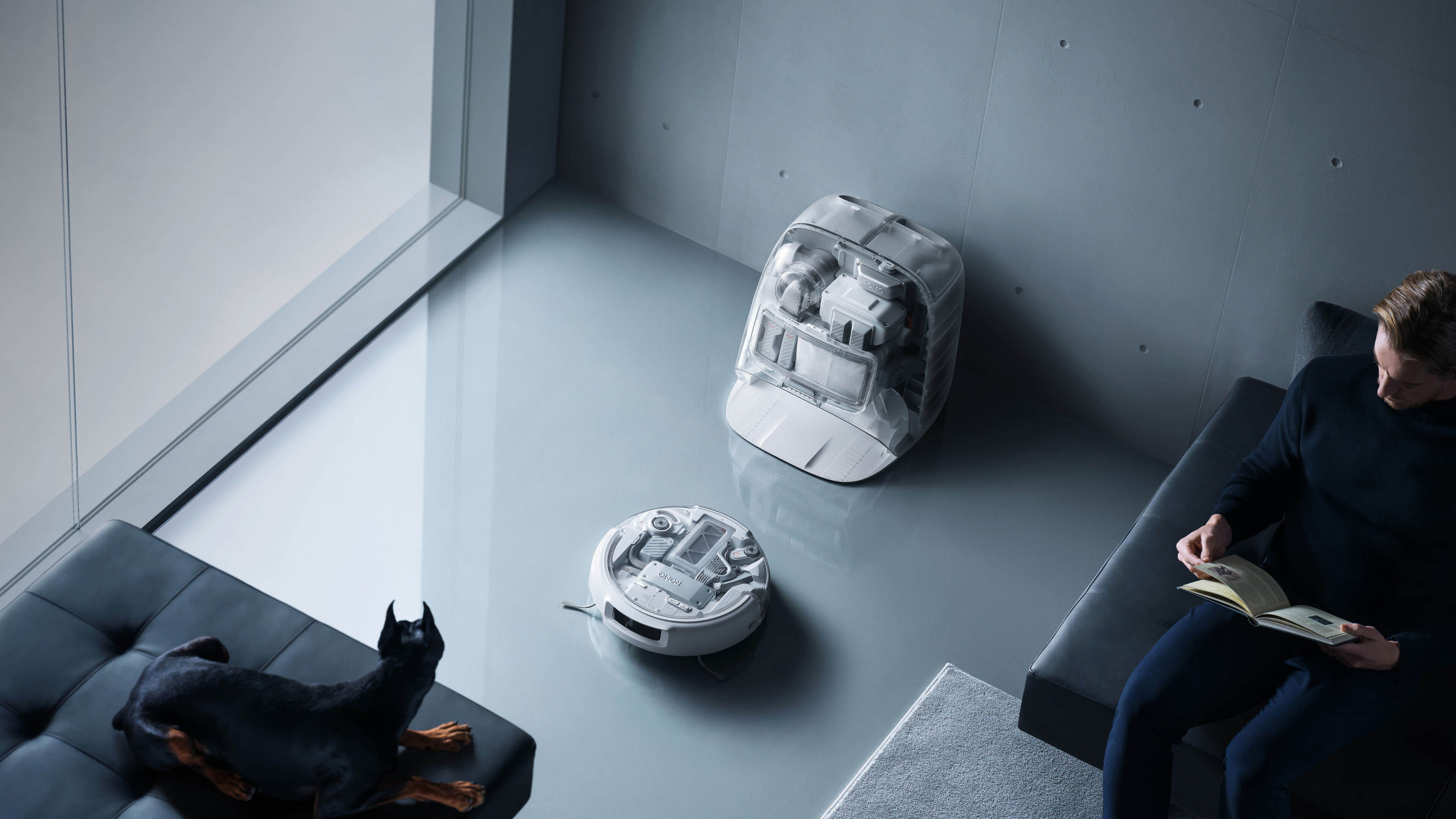 Orbital floor machine and base station in a home environment