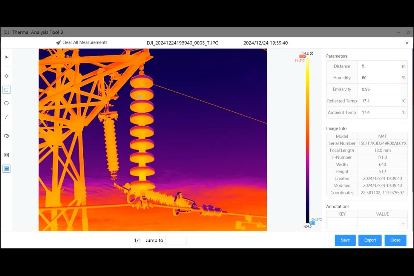 A thermal frame of a powerline insulator string open in DJI Thermal Analysis Tool 3, the Image Info panel reading Model M4T, F-Number f/1.0, Width 640, Height 512