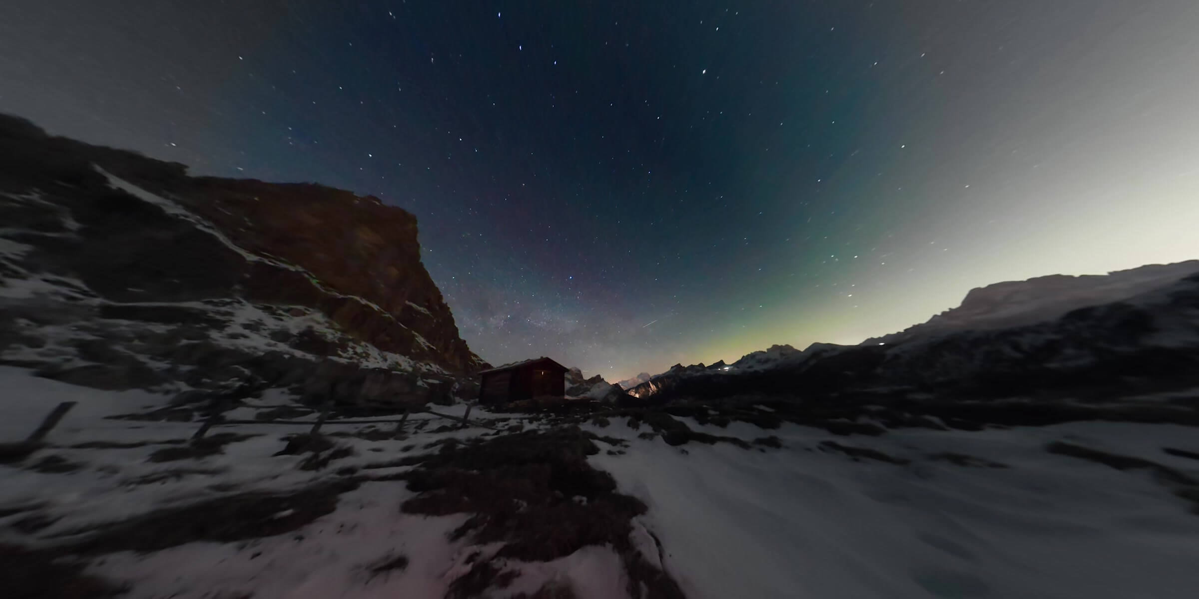 Night sky and snowy mountain landscape shown in DJI's Osmo 360 II 16K Timelapse presentation