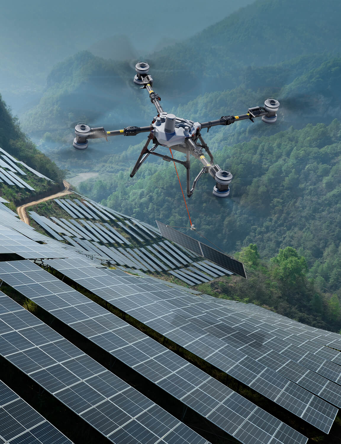 Transport panouri solare cu drona DJI T100