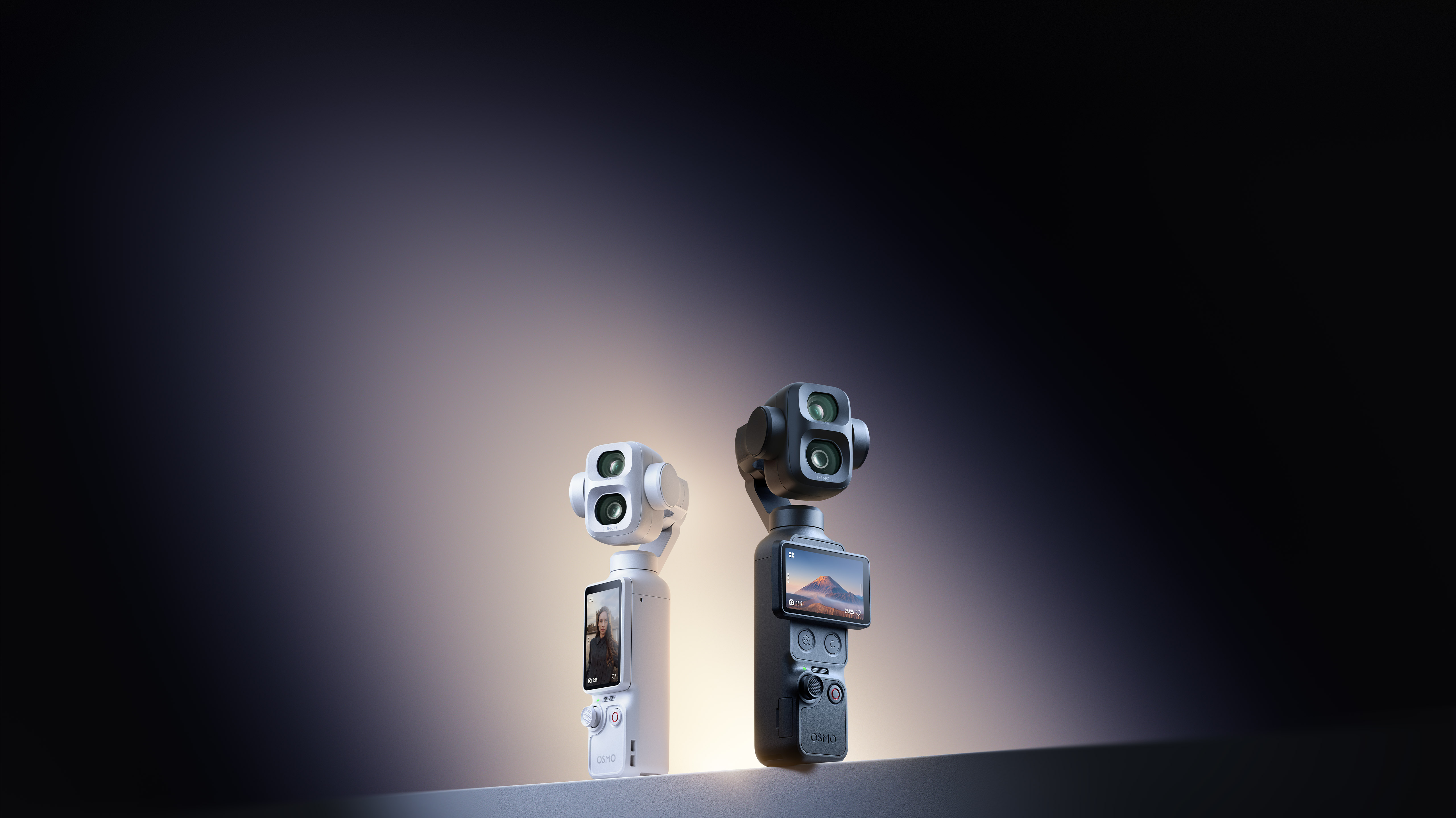 Two black and white dji osmo pocket 4p againt a dark gradient background