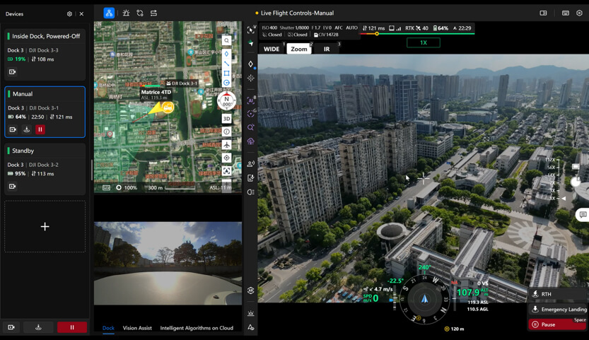 Official FlightHub 2 promotional interface showing a map beside a live aerial view of urban buildings
