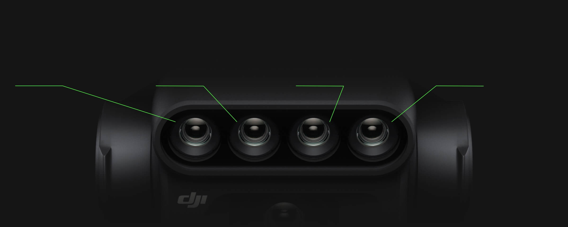 Close-up of the DJI Mavic 3 Multispectral sensor head, four single band lenses in one row above the RGB camera