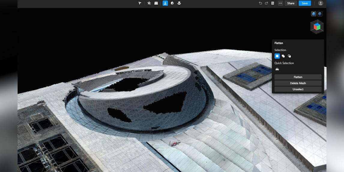 DJI Modify demonstration showing a reconstructed circular building with missing mesh surfaces and the Flatten tool panel